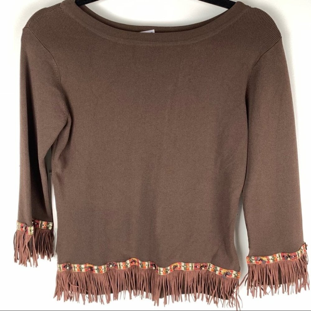 Joseph A Brown ¾ Sleeve Knit Sweater with Fringe size M